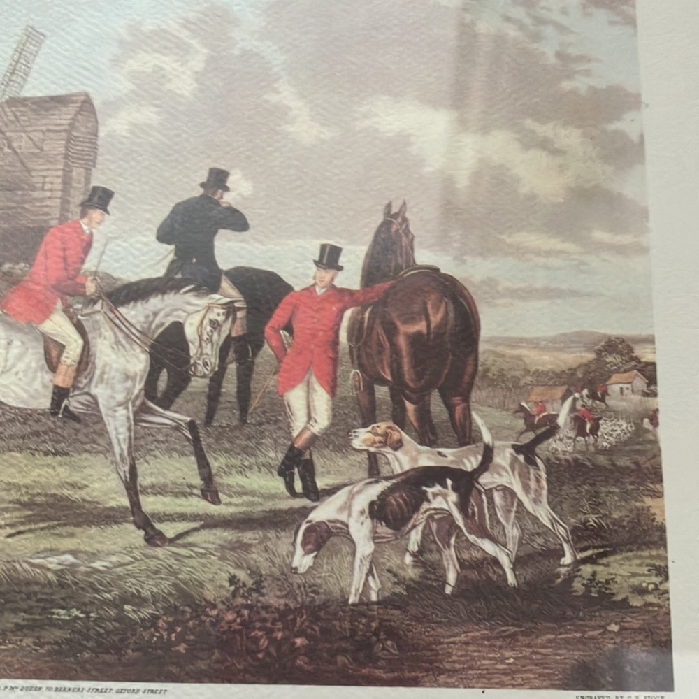 “The Meet” matted over plexiglass framed Vintage print hunting scene W Shayer